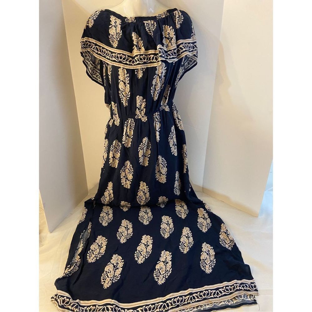 Kori maxi dress beach cruise ruffle neck small navy beige rayon?‎